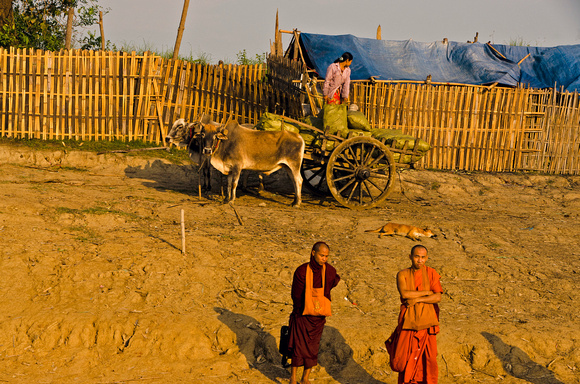 Monks in the early morning light on the banks of the River