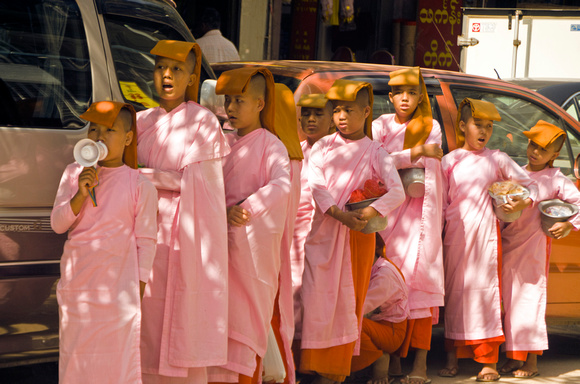 Girl monks out colecting alms in Yangon