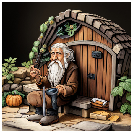 an old hobbit siting outside his hobbit hole smoking